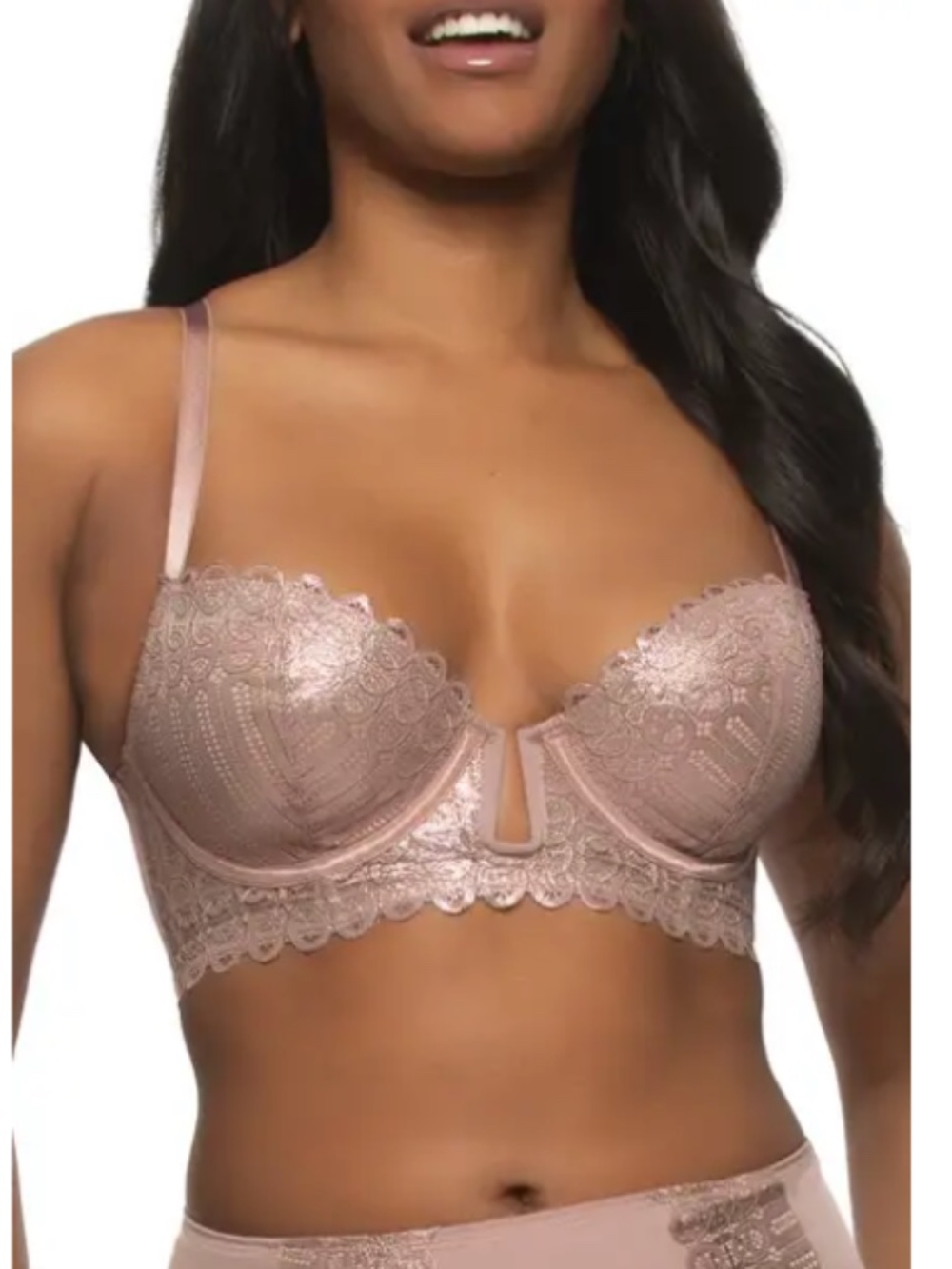 Felina Siren Underwire Shimmer Lace Plunge Demi 34 DD ROSE TAN SHIMMER